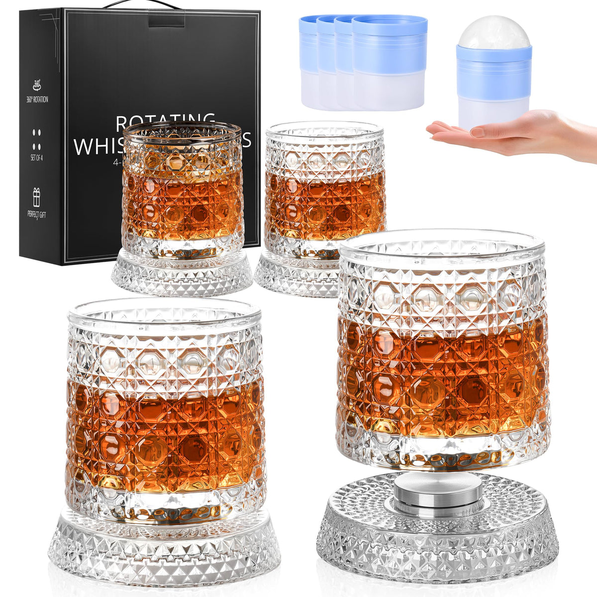 GuGen Spinning Whiskey Glasses, Rotating Old Fashioned Rocks Glasses, 9.5oz Lead-Free Clear Bourbon Scotch Liquor Cocktail Glasses with Ice Ball Molds, Set of 4 for Home Bar Party Whiskey Lovers Gift