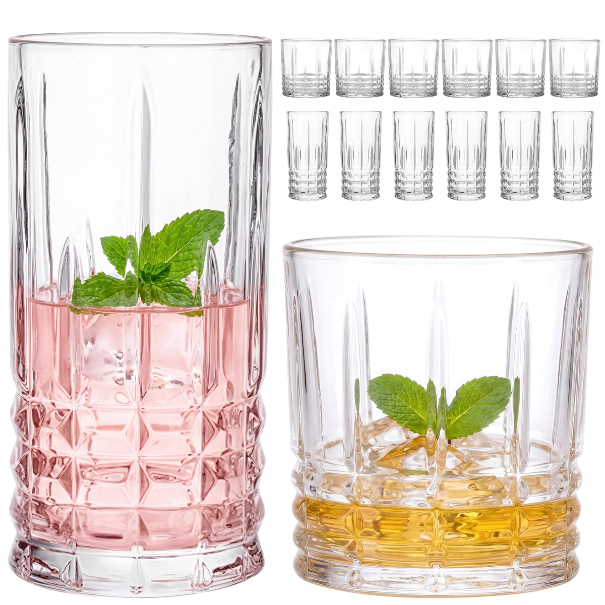 Moretoes Ribbed Glass Cups Set of 12 Drinking Glasses