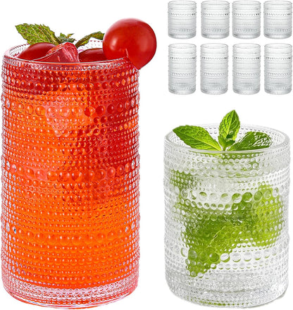 Vintage Hobnail Drinking Glasses Set of 8, Clear 16 oz Highball Glasses & 12 oz Cocktail Glasses Set, Kitchen Drinkware Glassware,Embossed Water Tumbler for Beer, Juice, Whiskey, Milk