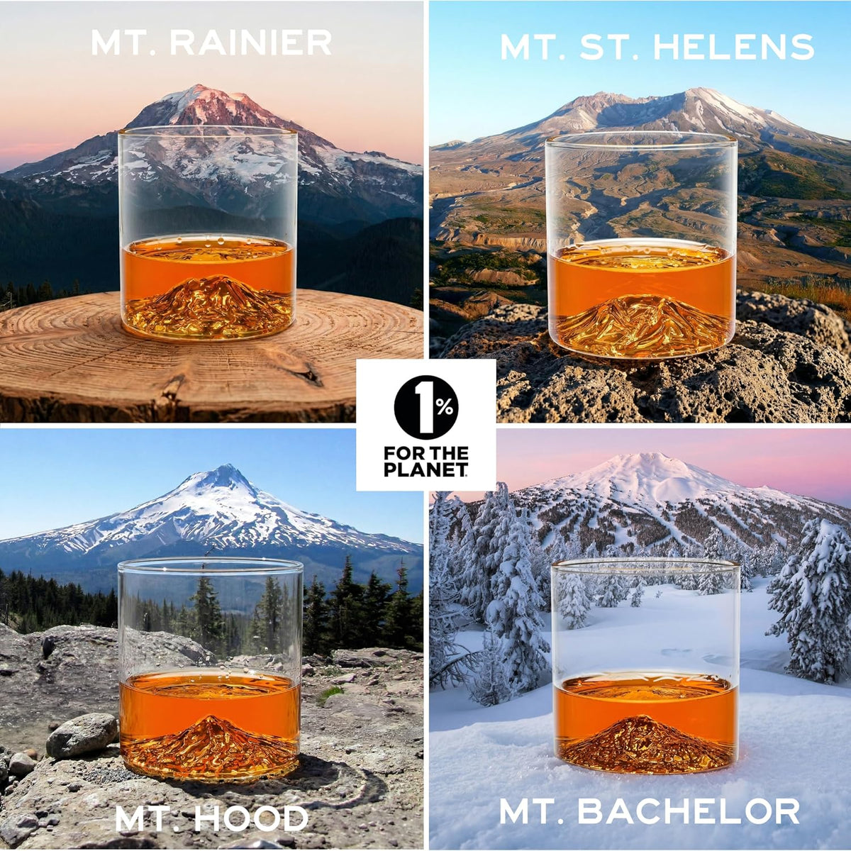 North Drinkware Pacific Northwest Glass Gift Set of 4 — Mountain rocks glasses, Gifts for Men, 9-oz tumbler: Mt. Rainier, Mt. St. Helens, Mt. Hood, Mt. Bachelor