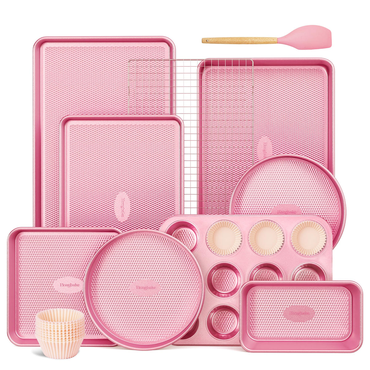 HONGBAKE 9-Piece Baking Pans Set Nonstick, Stackable Non Toxic Bakeware Sets with Diamond Texture, Oven Pan Set for Cooking, Includes Cookie Sheet with Rack, Cake Pan, Roasting Pan, Muffin Tin, Gold