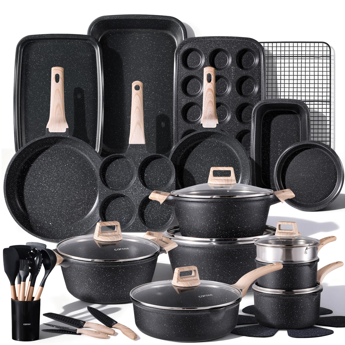 CAROTE 21pcs Pots and Pans Set, Nonstick Cookware Sets, with Egg Pan