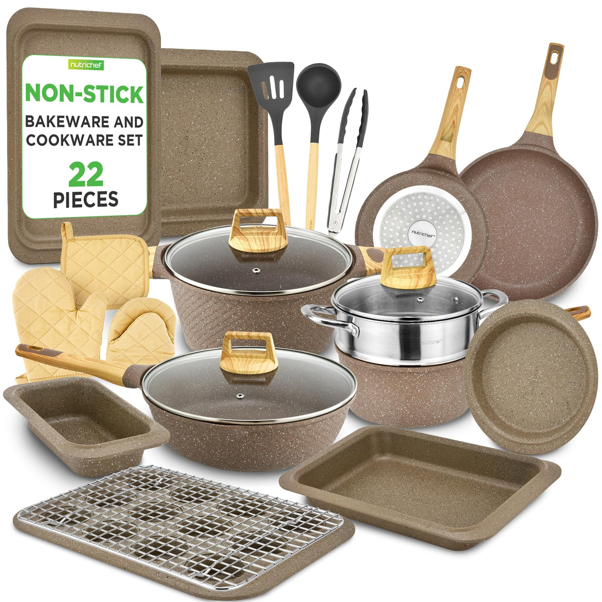 NutriChef 54-Piece Kitchen Cookware Set – Complete Non-Stick Ceramic Pots and Pans Set with Utensils, Bakeware, and Knife Set, Gas, Electric & Induction Compatible, Blush Pink Kitchen Essentials