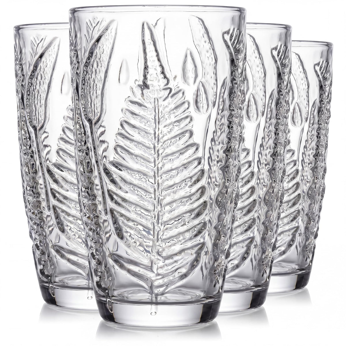 Green Drinking Glasses Set of 4, 12 oz Glass Cups, Vintage Fern Glassware