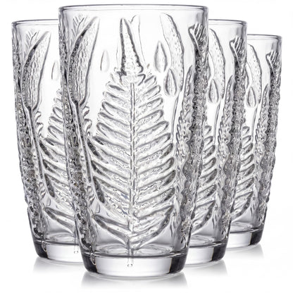 Green Drinking Glasses Set of 4, 12 oz Glass Cups, Vintage Fern Glassware