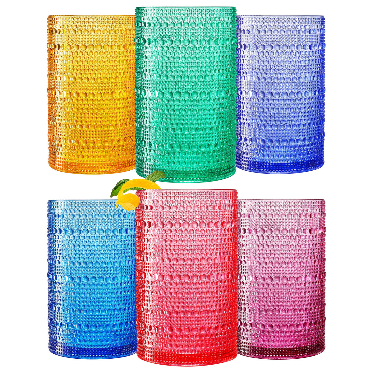 Khen Plastic Hobnail Drinking Highball Glasses Set of 6 Neutral Tones Cups 14oz, Shatterproof & Unbreakable Acrylic Beaded Design, BPA-Free, Dishwasher Safe Indoor/Outdoor Drinkware Water, Cocktails