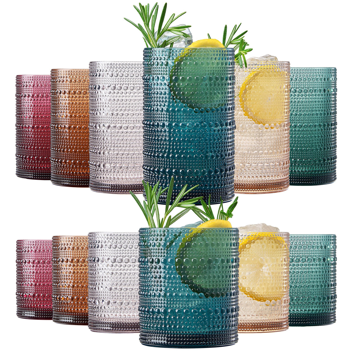 Khen Plastic Hobnail Drinking Highball Glasses Set of 6 Neutral Tones Cups 14oz, Shatterproof & Unbreakable Acrylic Beaded Design, BPA-Free, Dishwasher Safe Indoor/Outdoor Drinkware Water, Cocktails