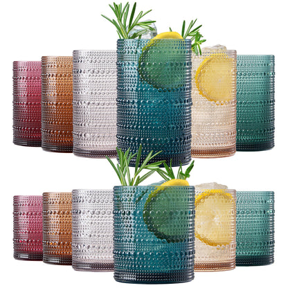 Khen Plastic Hobnail Drinking Highball Glasses Set of 6 Neutral Tones Cups 14oz, Shatterproof & Unbreakable Acrylic Beaded Design, BPA-Free, Dishwasher Safe Indoor/Outdoor Drinkware Water, Cocktails